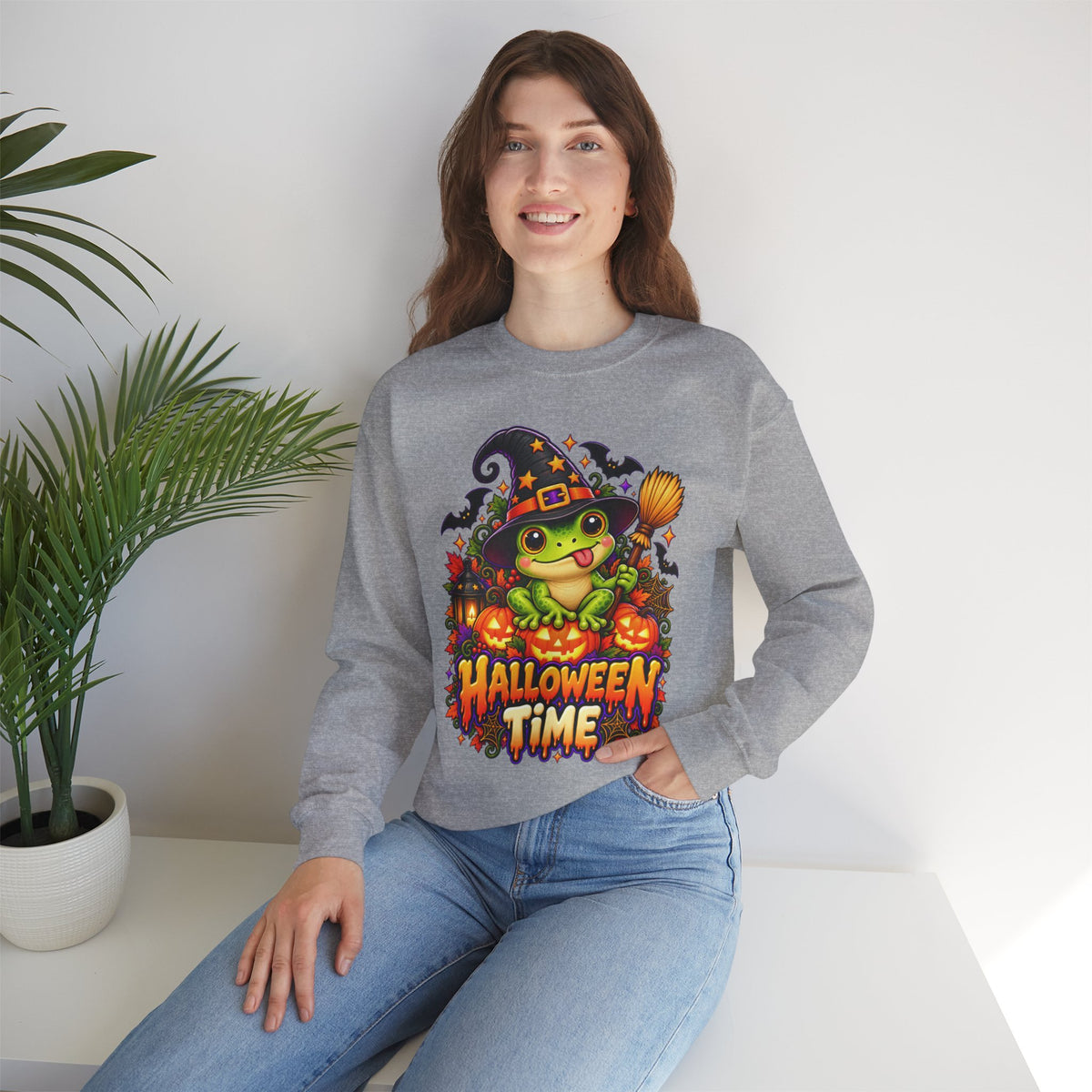 Halloween Time Frog Sweatshirt | Cute Witch Frog Halloween Crewneck