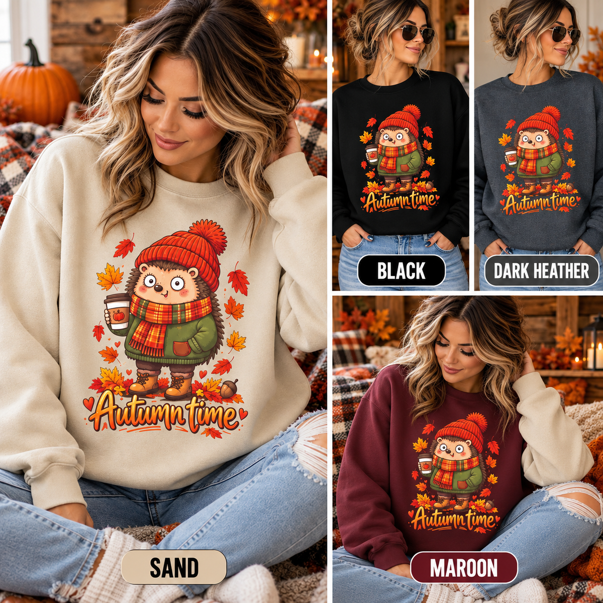 Autumn Time Hedgehog Sweatshirt | Cute Fall Crewneck | Cozy Autumn Sweater