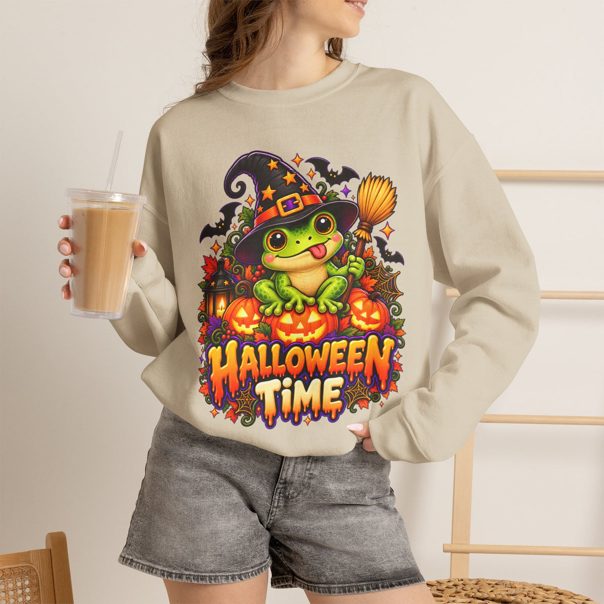 Halloween Time Frog Sweatshirt | Cute Witch Frog Halloween Crewneck