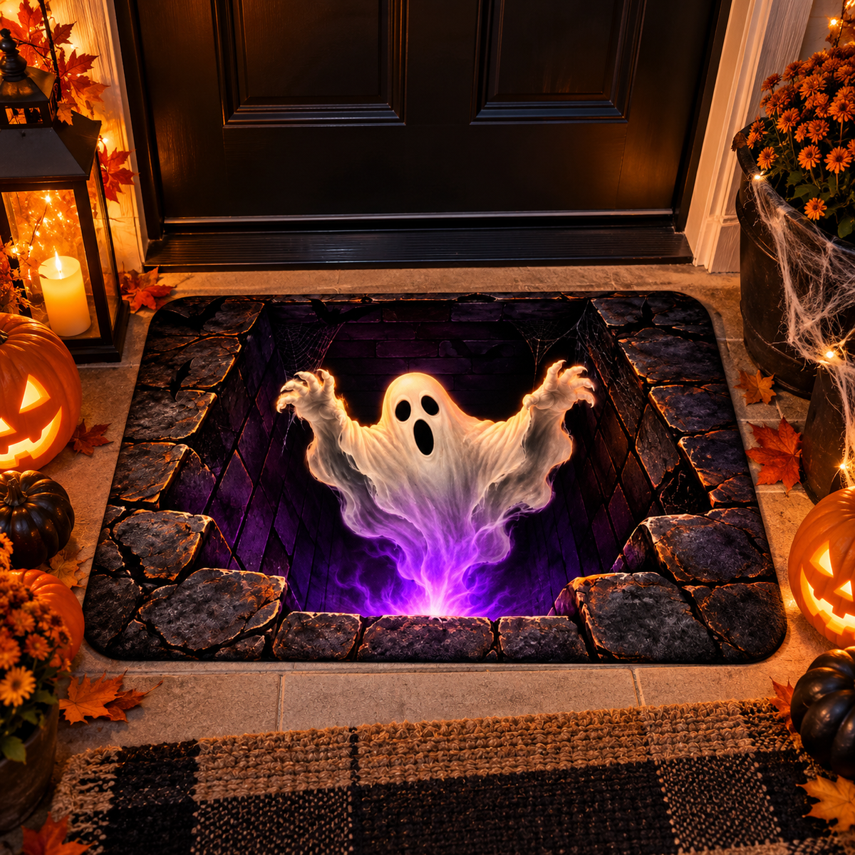 Halloween Ghost Doormat | Spooky Haunted House Floor Mat | Purple Ghost Halloween Decor