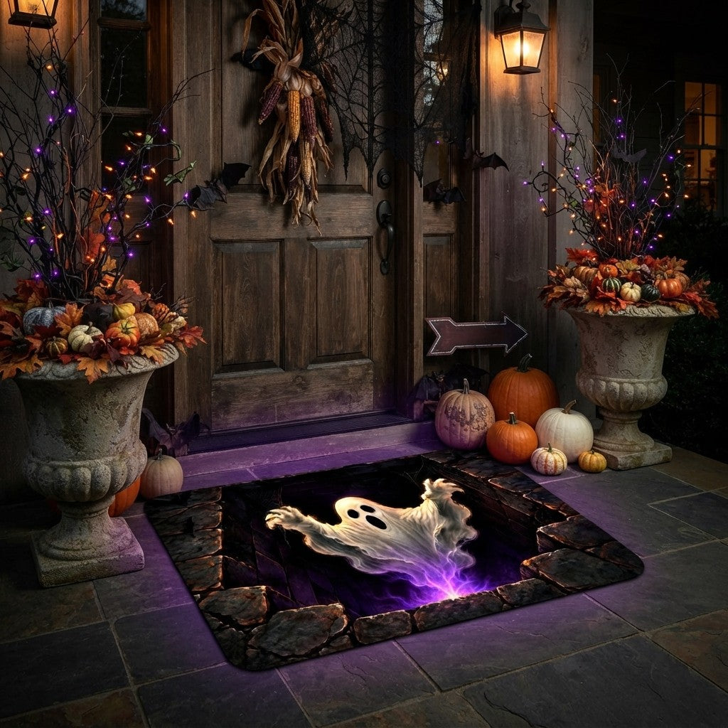 Halloween Ghost Doormat | Spooky Haunted House Floor Mat | Purple Ghost Halloween Decor